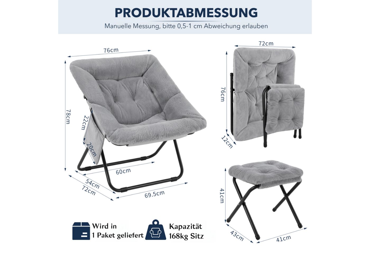 TLGREEN Relaxsessel,klappbarer Lounge-Sessel mit Hocker, (Weicher Kunstfell-Lesesessel, Relaxsessel mit Hocker),Ideal für Wohnzimmer, Schlafzimmer & Spielzimmer – Bild 3 von 5