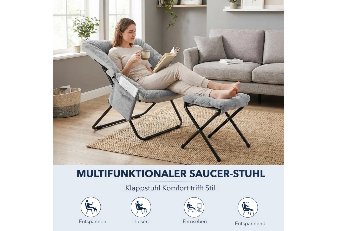 TLGREEN Relaxsessel,klappbarer Lounge-Sessel mit Hocker, (Weicher Kunstfell-Lesesessel, Relaxsessel mit Hocker),Ideal für Wohnzimmer, Schlafzimmer & Spielzimmer – Bild 4 von 5