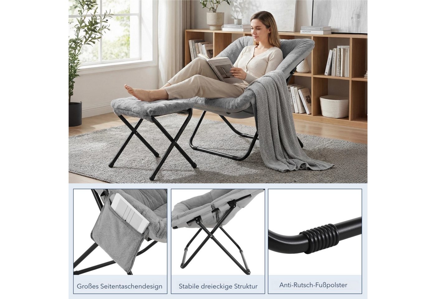 TLGREEN Relaxsessel,klappbarer Lounge-Sessel mit Hocker, (Weicher Kunstfell-Lesesessel, Relaxsessel mit Hocker),Ideal für Wohnzimmer, Schlafzimmer & Spielzimmer – Bild 5 von 5