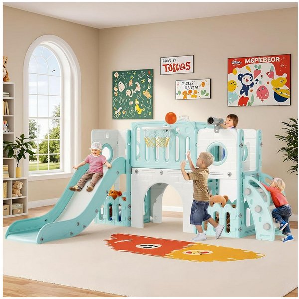 TLGREEN Rutsche,9-in-1 Indoor & Outdoor Spielset für Kleinkinder, (179cm Rutsche mit Kletterwand, Basketballkorb, Kinder Spielplatz, mit 2PCS Moduls), Tunnel & 