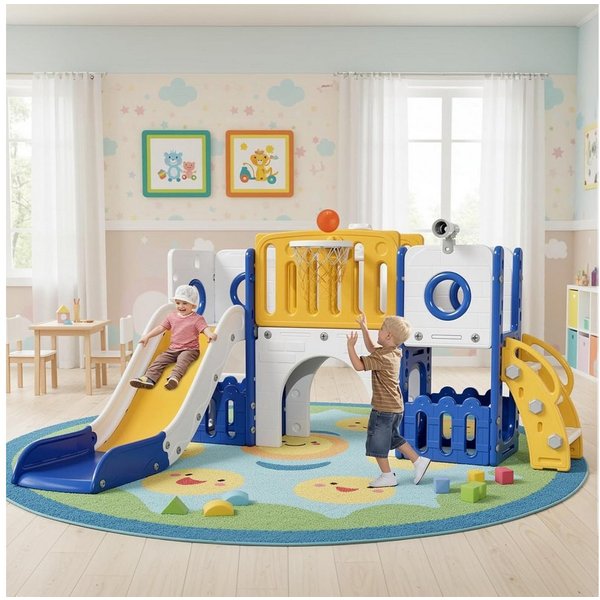 TLGREEN Rutsche,9-in-1 Indoor & Outdoor Spielset für Kleinkinder, (179cm Rutsche mit Kletterwand, Basketballkorb, Kinder Spielplatz, mit 2PCS Moduls), Tunnel & 
