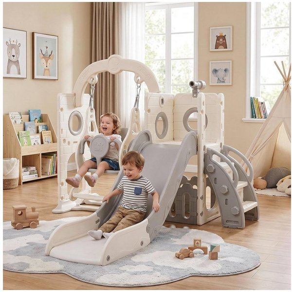 TLGREEN Rutsche 5-in-1 Kinderrutsche, Gartenrutsche Breite Stufen und Griffe, (Indoor und Outdoor Freistehende Rutsche), Kinderrutsche mit Schaukel, Klettergerü