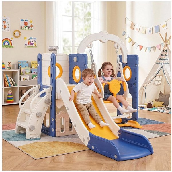 TLGREEN Rutsche 5-in-1 Kinderrutsche, Gartenrutsche Breite Stufen und Griffe, (Indoor und Outdoor Freistehende Rutsche), Kinderrutsche mit Schaukel, Klettergerü