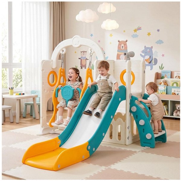 TLGREEN Rutsche 5-in-1 Kinderrutsche, Gartenrutsche Breite Stufen und Griffe, (Indoor und Outdoor Freistehende Rutsche), Kinderrutsche mit Schaukel, Klettergerü