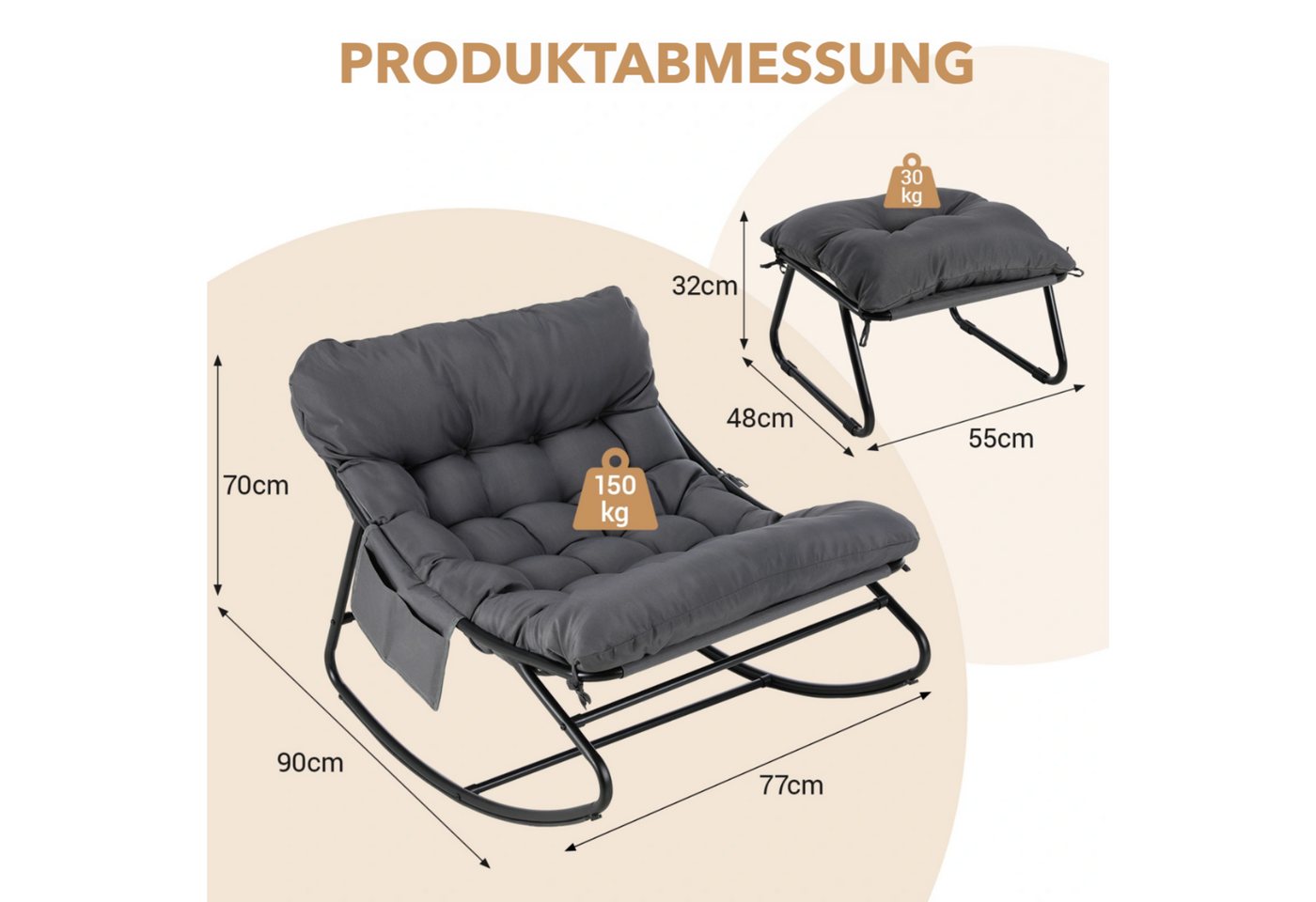 TLGREEN Schaukelstuhl mit Hocker,Lounge Sessel mit gepolstertem Kissen und Fußhocker, bis 150 kg Belastbar, für Garten,Balkon,Wohnzimmer – Bild 2 von 5