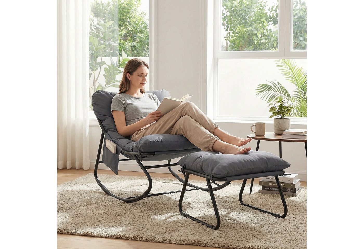 TLGREEN Schaukelstuhl mit Hocker,Lounge Sessel mit gepolstertem Kissen und Fußhocker, bis 150 kg Belastbar, für Garten,Balkon,Wohnzimmer – Bild 3 von 5