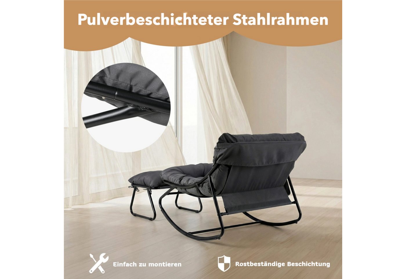 TLGREEN Schaukelstuhl mit Hocker,Lounge Sessel mit gepolstertem Kissen und Fußhocker, bis 150 kg Belastbar, für Garten,Balkon,Wohnzimmer – Bild 5 von 5