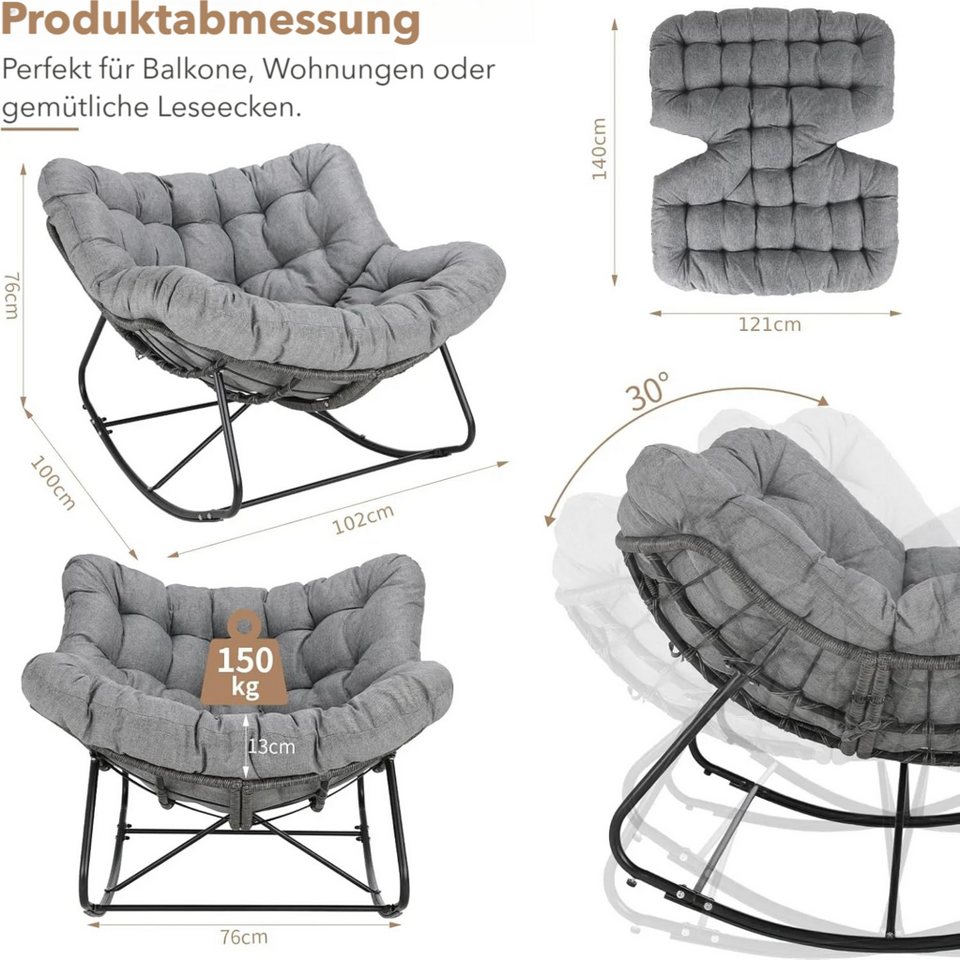 TLGREEN Schaukelstuhl mit Rattan,elegante Eiform, leiser Schaukelkomfort,dickem Abnehmbar Polster & Metallrahmen, Belastung von 150kg – Bild 2 von 5
