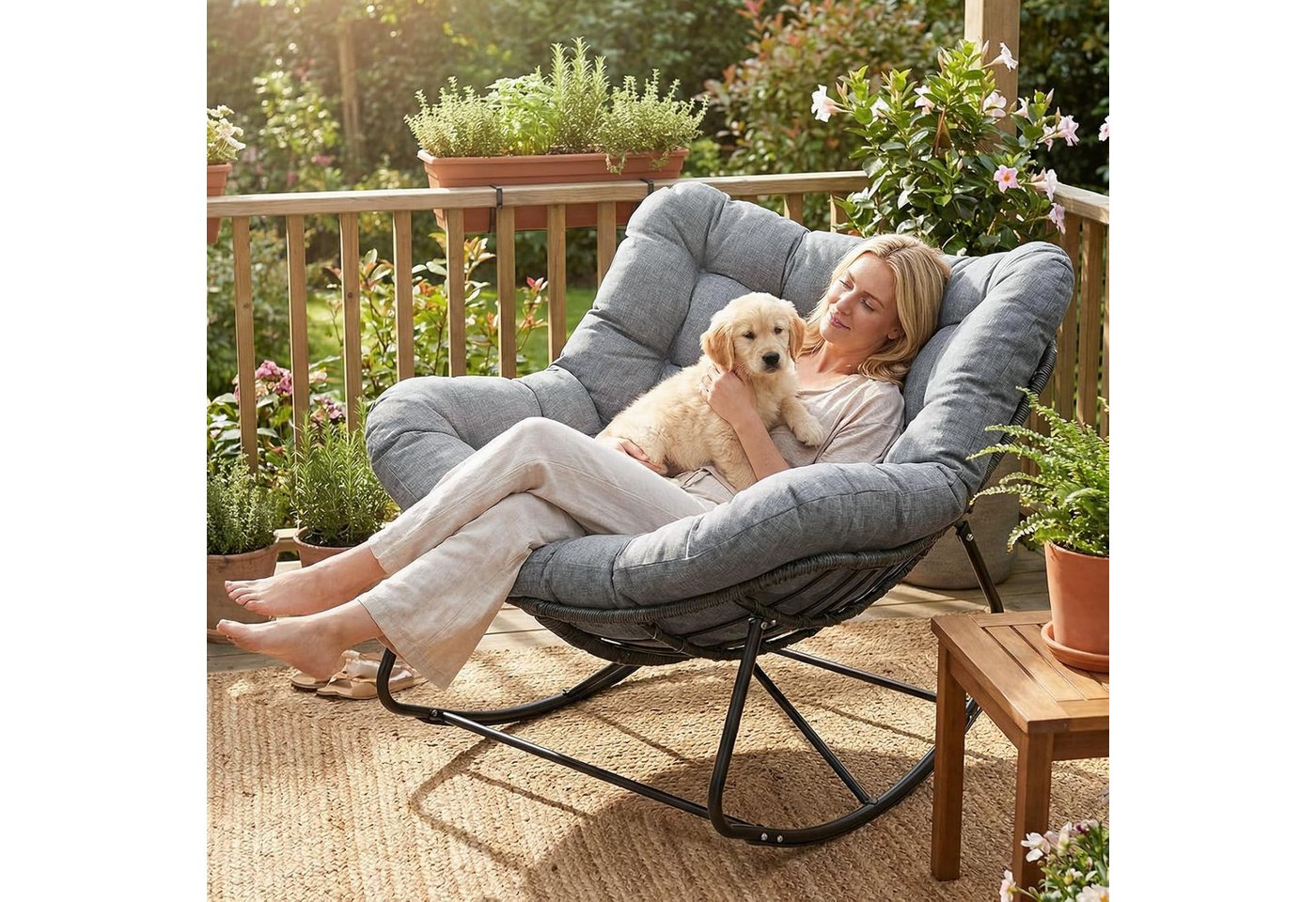 TLGREEN Schaukelstuhl mit Rattan,elegante Eiform, leiser Schaukelkomfort,dickem Abnehmbar Polster & Metallrahmen, Belastung von 150kg – Bild 3 von 5