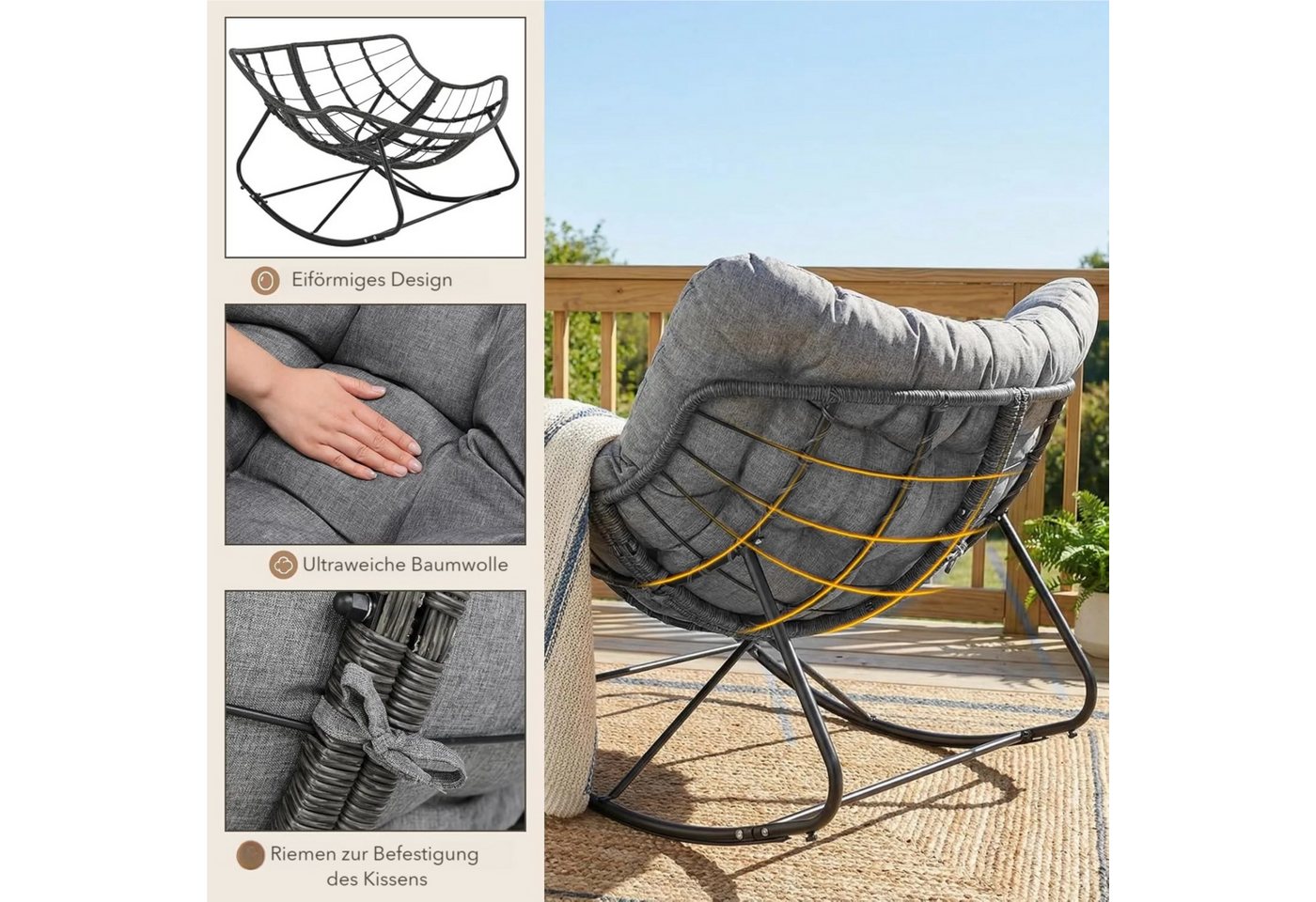 TLGREEN Schaukelstuhl mit Rattan,elegante Eiform, leiser Schaukelkomfort,dickem Abnehmbar Polster & Metallrahmen, Belastung von 150kg – Bild 4 von 5