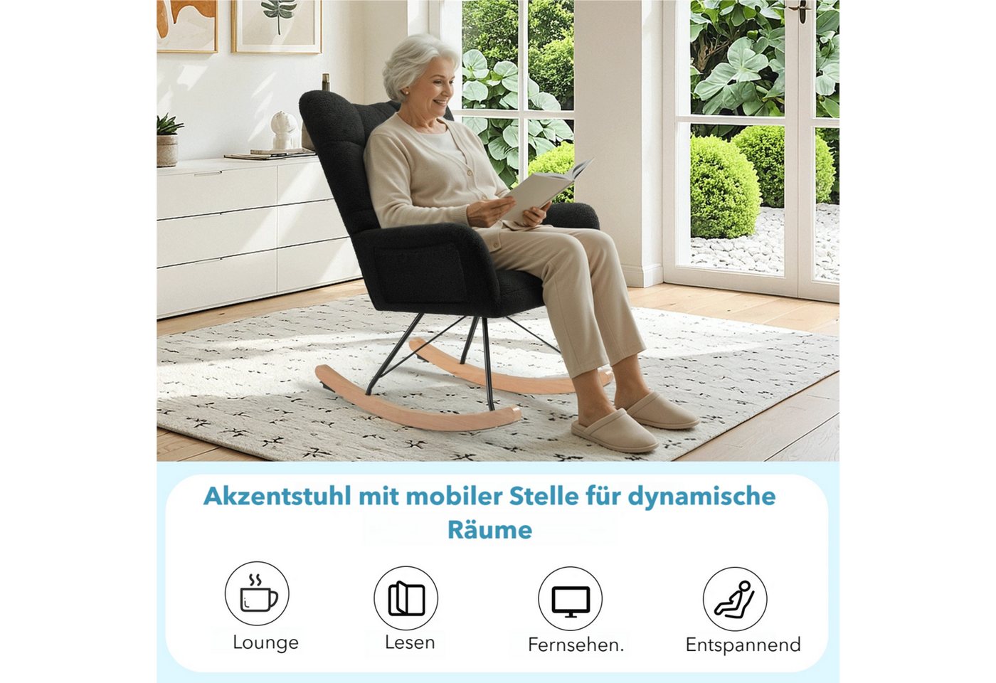 TLGREEN Schaukelstuhl wohnzimmer,Schaukelsessel mit Armlehne, (Teddystoff Gepolsterter, Holzkufen und Metallbeinen), für Wohnzimmer, Kinderzimmer, Schlafzimmer, – Bild 2 von 5