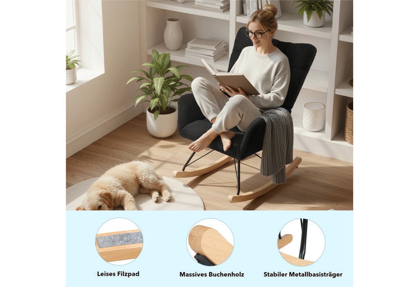TLGREEN Schaukelstuhl wohnzimmer,Schaukelsessel mit Armlehne, (Teddystoff Gepolsterter, Holzkufen und Metallbeinen), für Wohnzimmer, Kinderzimmer, Schlafzimmer, – Bild 3 von 5