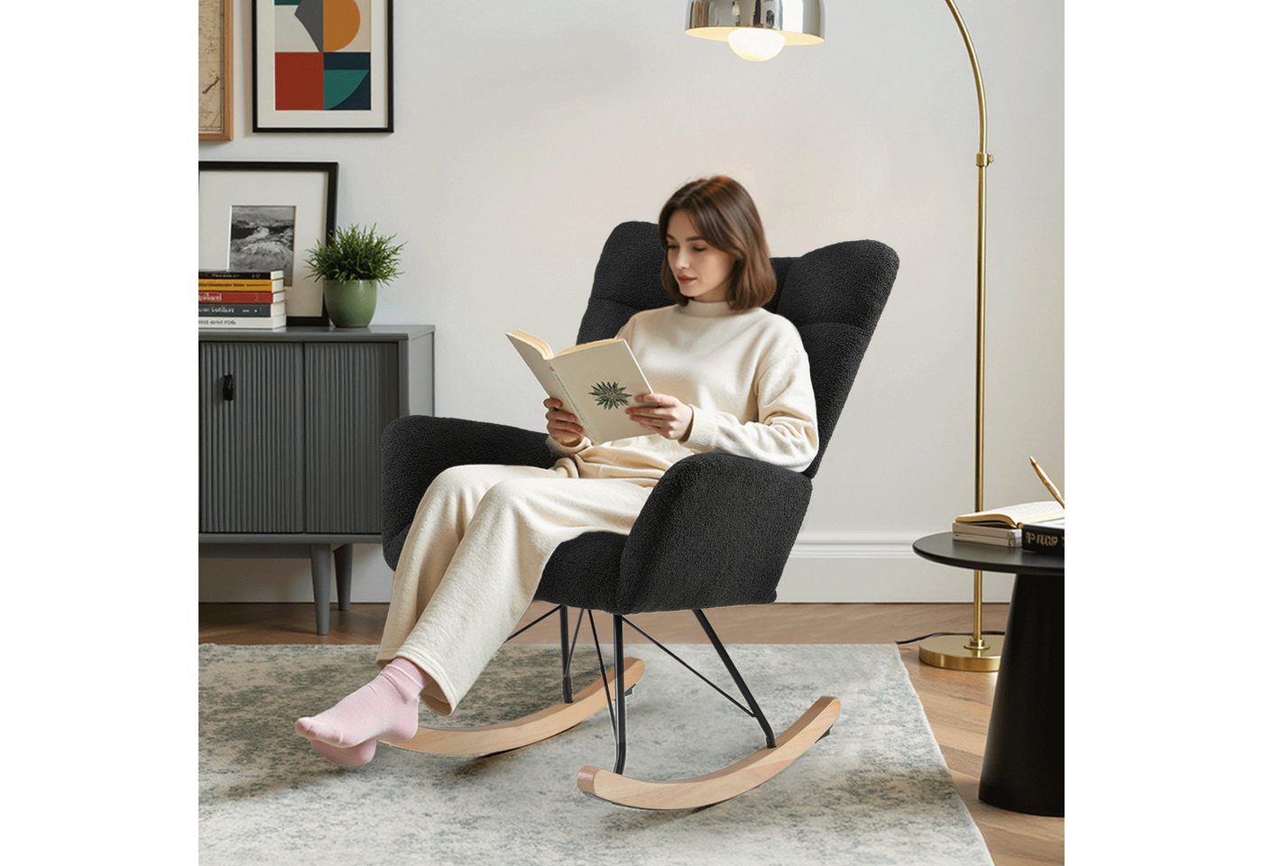 TLGREEN Schaukelstuhl wohnzimmer,Schaukelsessel mit Armlehne, (Teddystoff Gepolsterter, Holzkufen und Metallbeinen), für Wohnzimmer, Kinderzimmer, Schlafzimmer, – Bild 5 von 5