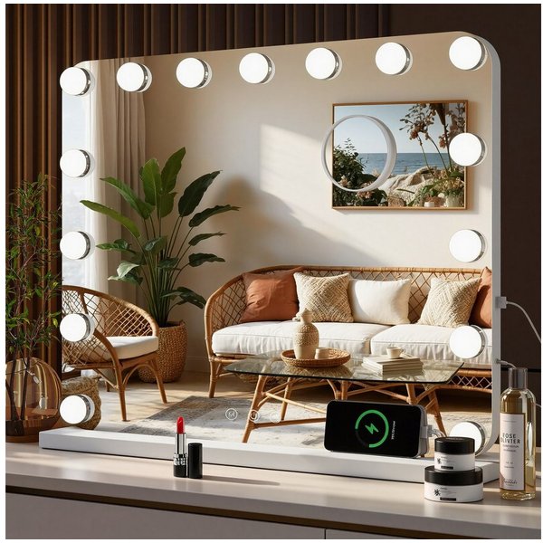 TLGREEN Schminkspiegel mit beleuchtung,Touch-Dimmerspiegel, (50X40 cm Hollywood Kosmetikspiegel mit 15 Dimmbare LED, 3 Beleuchtungsmodi und Abnehmbare Lupe),Tis