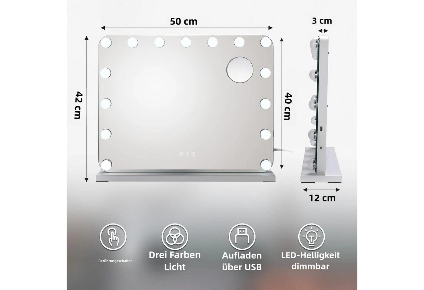 TLGREEN Schminkspiegel mit beleuchtung,Touch-Dimmerspiegel, (50X40 cm Hollywood Kosmetikspiegel mit 15 Dimmbare LED, 3 Beleuchtungsmodi und Abnehmbare Lupe),Tis – Bild 2 von 5