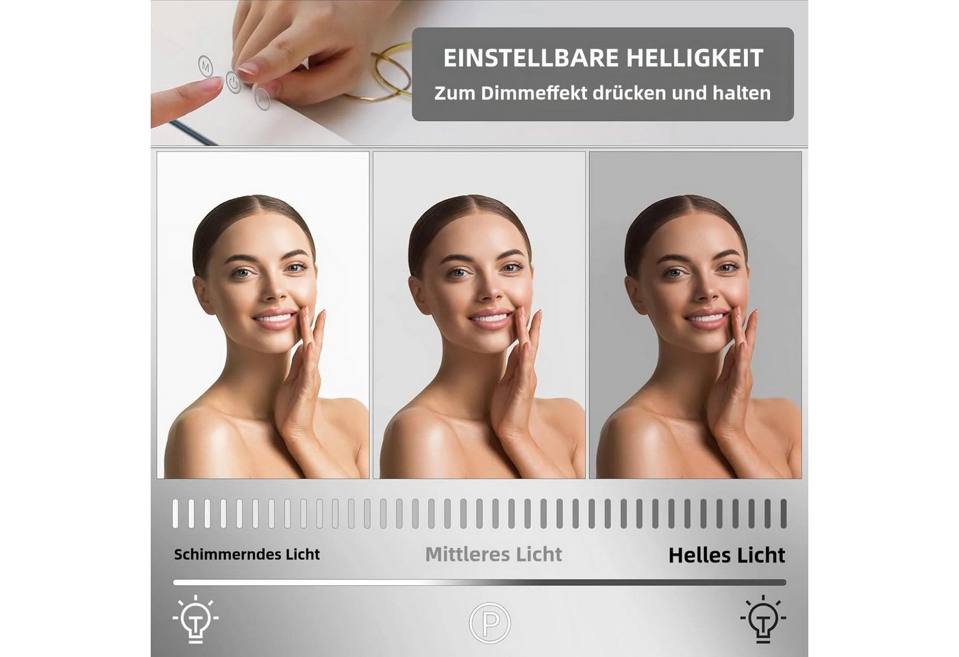 TLGREEN Schminkspiegel mit beleuchtung,Touch-Dimmerspiegel, (50X40 cm Hollywood Kosmetikspiegel mit 15 Dimmbare LED, 3 Beleuchtungsmodi und Abnehmbare Lupe),Tis – Bild 3 von 5