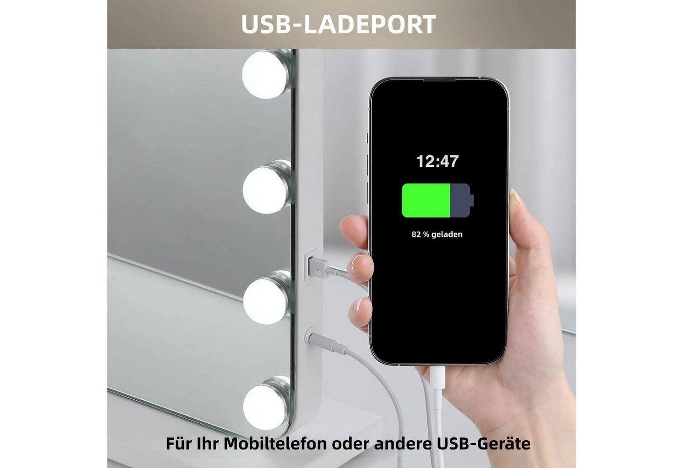TLGREEN Schminkspiegel mit beleuchtung,Touch-Dimmerspiegel, (50X40 cm Hollywood Kosmetikspiegel mit 15 Dimmbare LED, 3 Beleuchtungsmodi und Abnehmbare Lupe),Tis – Bild 4 von 5