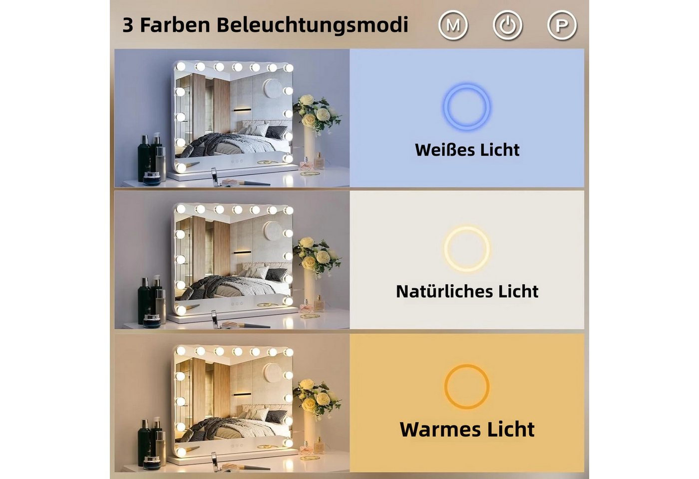 TLGREEN Schminkspiegel mit beleuchtung,Touch-Dimmerspiegel, (50X40 cm Hollywood Kosmetikspiegel mit 15 Dimmbare LED, 3 Beleuchtungsmodi und Abnehmbare Lupe),Tis – Bild 5 von 5