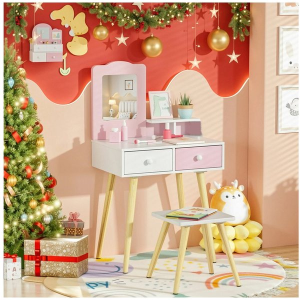 TLGREEN Schminktisch, 2-in-1 Kinderschminktisch mit Spiegel und Hocker (Spielkosmetiktisch aus Holzdesign, multifunktional als Schreibtisch & Maltisch), pink-we