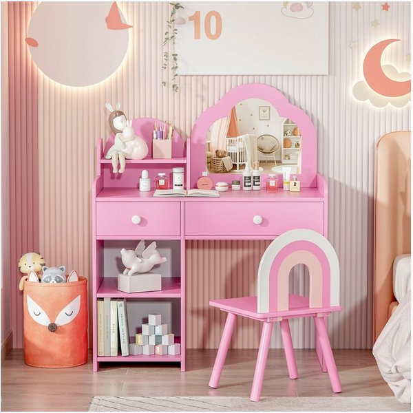 TLGREEN Schminktisch, Kinder Schminktisch mit Spiegel und Stuhl (Mädchen Schreibtisch & Maltisch mit 2 Schubladen, Prinzessin Frisiertisch aus Holz), 73.5x40x90