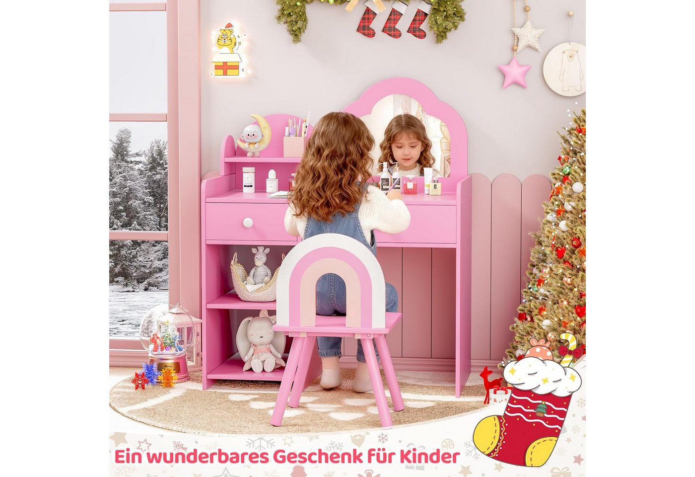 TLGREEN Schminktisch, Kinder Schminktisch mit Spiegel und Stuhl (Mädchen Schreibtisch & Maltisch mit 2 Schubladen, Prinzessin Frisiertisch aus Holz), 73.5x40x90 – Bild 2 von 5