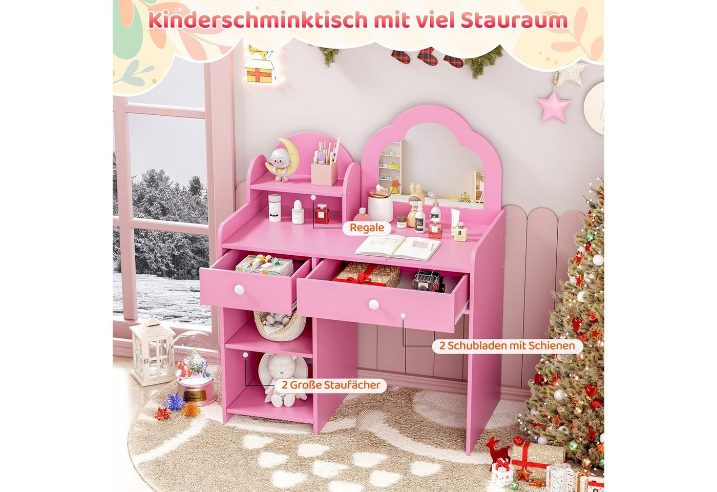 TLGREEN Schminktisch, Kinder Schminktisch mit Spiegel und Stuhl (Mädchen Schreibtisch & Maltisch mit 2 Schubladen, Prinzessin Frisiertisch aus Holz), 73.5x40x90 – Bild 3 von 5