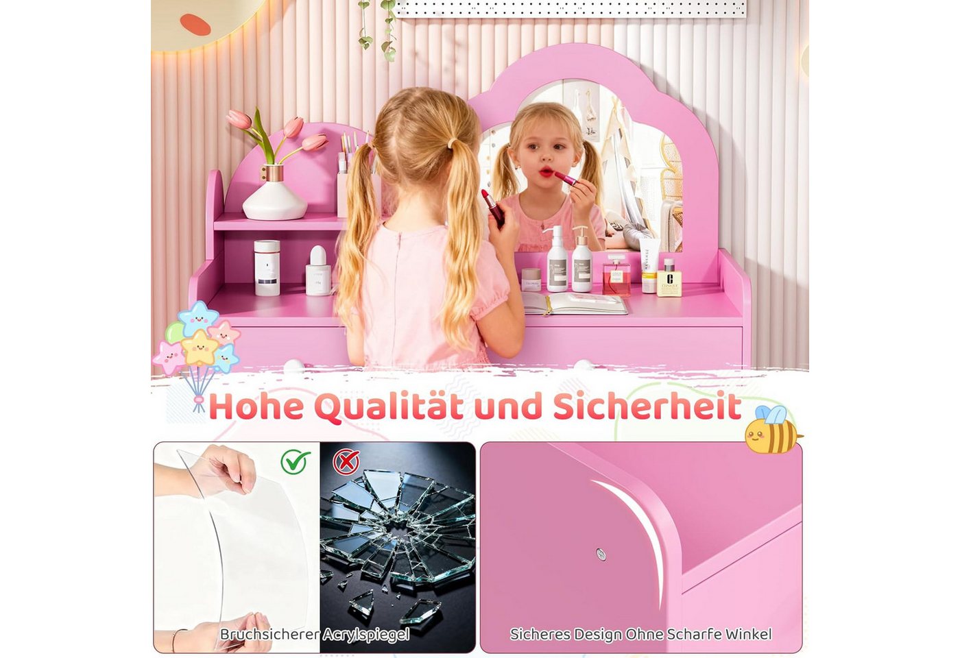 TLGREEN Schminktisch, Kinder Schminktisch mit Spiegel und Stuhl (Mädchen Schreibtisch & Maltisch mit 2 Schubladen, Prinzessin Frisiertisch aus Holz), 73.5x40x90 – Bild 5 von 5