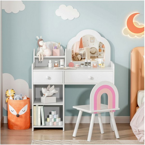 TLGREEN Schminktisch, Kinder Schminktisch mit Spiegel und Stuhl (Mädchen Schreibtisch & Maltisch mit 2 Schubladen, Prinzessin Frisiertisch aus Holz), 73.5x40x90