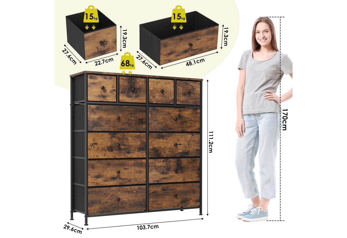 TLGREEN Schubkastenkommode Kommode mit 12 Schubladen,großer Schubladenschrank, (111x104x30cm Sideboard), für Wohnzimmer, Flur, Schlafzimmer – Bild 3 von 5