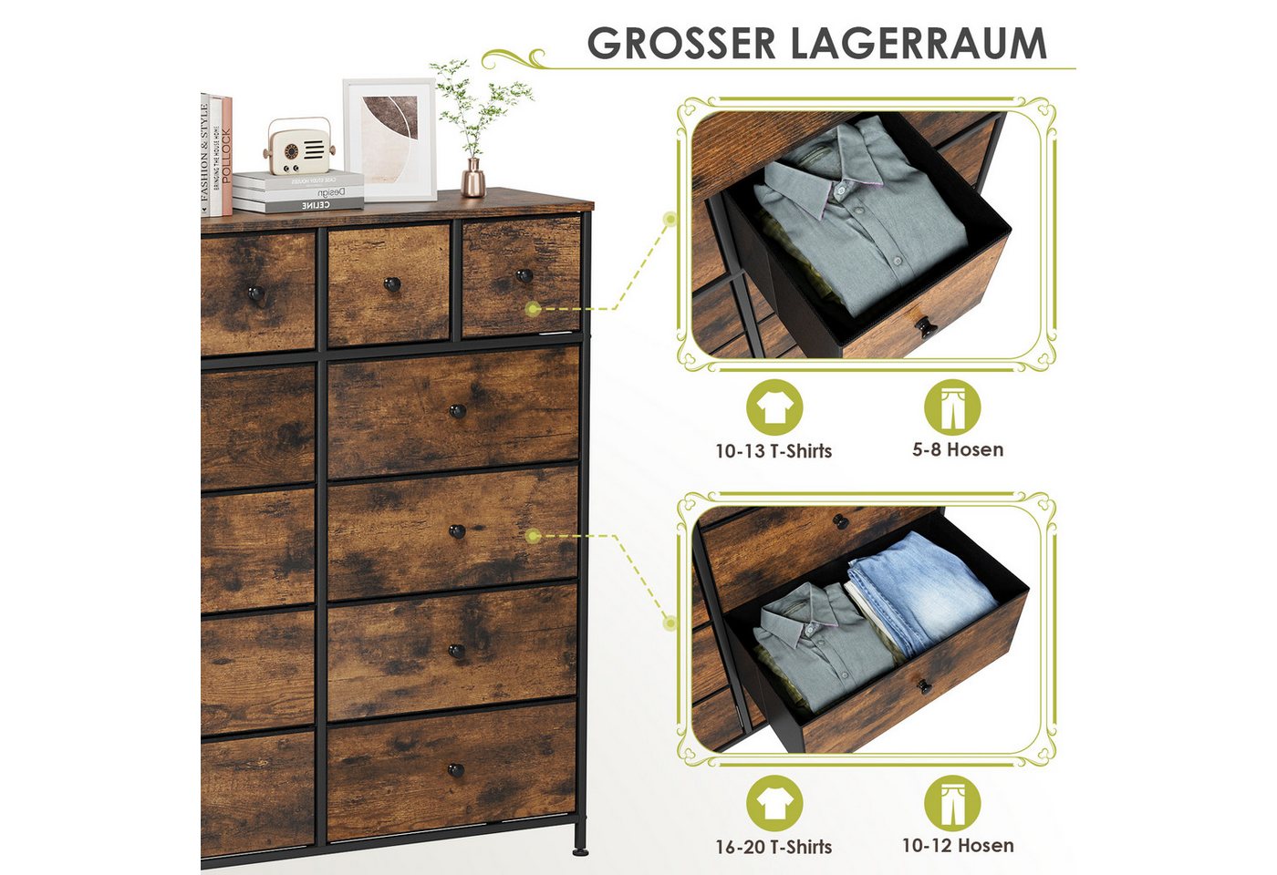 TLGREEN Schubkastenkommode Kommode mit 12 Schubladen,großer Schubladenschrank, (111x104x30cm Sideboard), für Wohnzimmer, Flur, Schlafzimmer – Bild 5 von 5