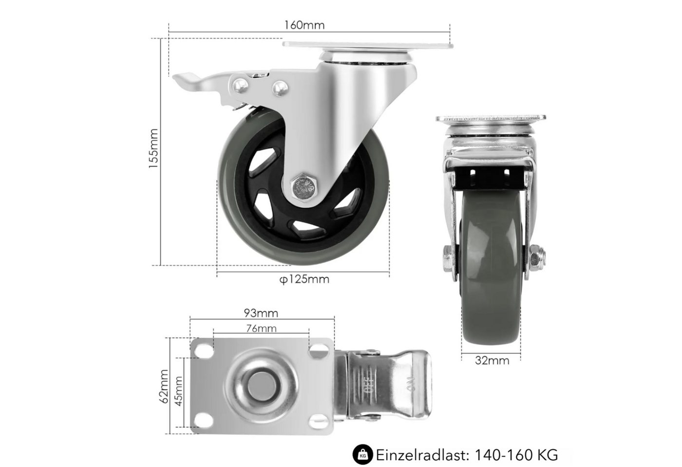 TLGREEN Schwerlastrolle 4-teiliges Set,Transportrollen, (125mm/150mm,lenkrollen,Hochleistungsrollen,bis 600/640 kg), für Werkzeugtasche, Industrietransport und  – Bild 5 von 5