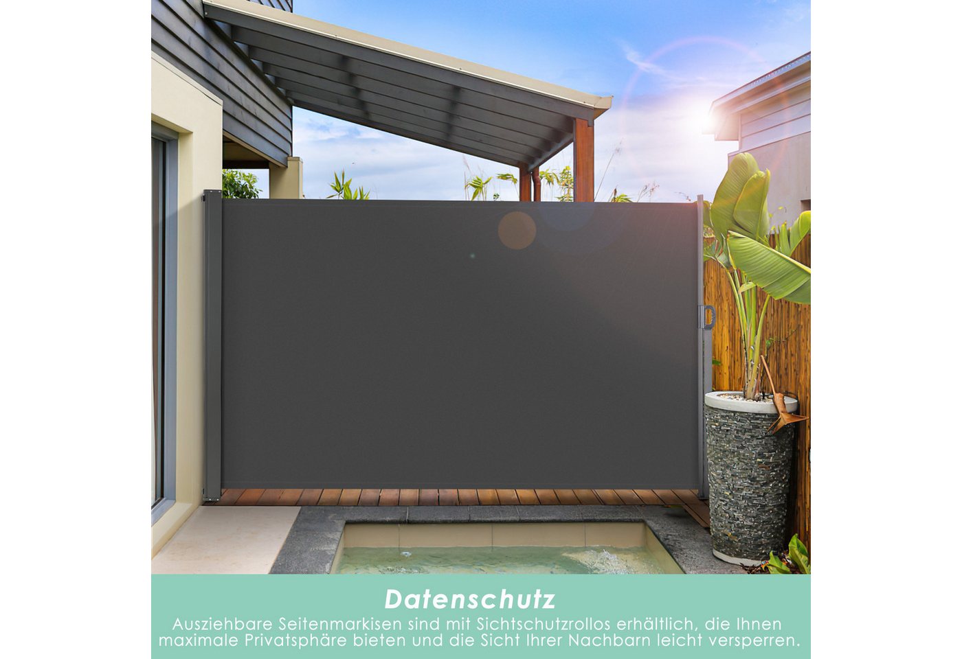 TLGREEN Seitenmarkise Aluminium-Eisen, Ausziehbar Seitenrollo mit PU-Beschichtung 350x160cm,Seitenwandmarkise Ausziehbar, Sichtschutz,Wasserdicht – Bild 3 von 5