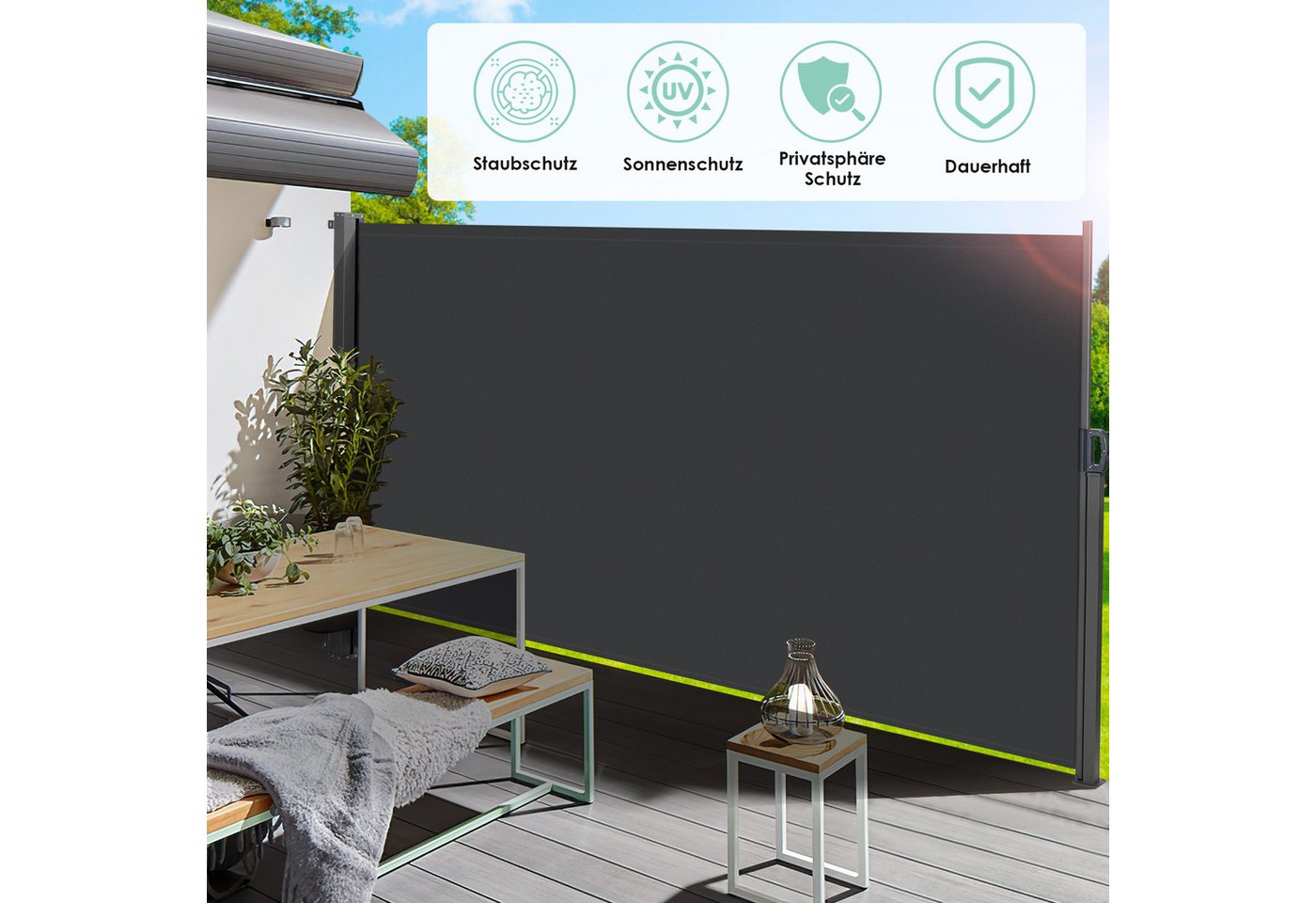 TLGREEN Seitenmarkise Aluminium-Eisen, Ausziehbar Seitenrollo mit PU-Beschichtung 350x160cm,Seitenwandmarkise Ausziehbar, Sichtschutz,Wasserdicht – Bild 5 von 5