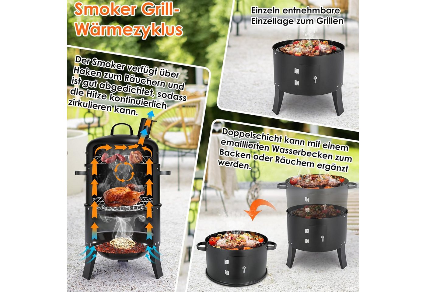 TLGREEN Smoker Räucherofen, 3 in 1 Smoker Grill, Holzkohlegrill, Räuchertonne Räuchergrill Watersmoker, Ø44,5x80 cm – Bild 2 von 5