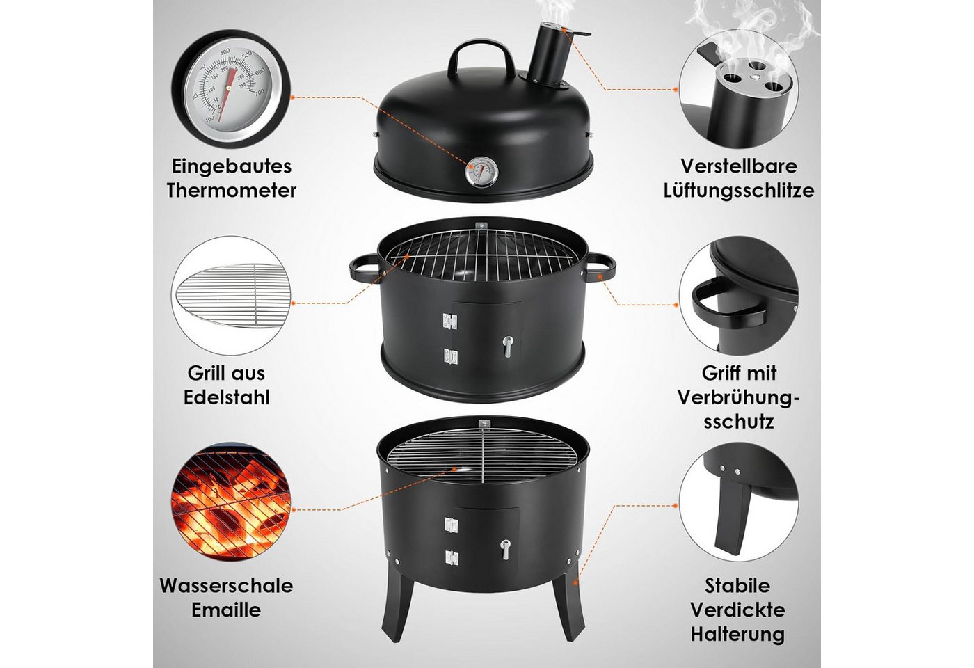 TLGREEN Smoker Räucherofen, 3 in 1 Smoker Grill, Holzkohlegrill, Räuchertonne Räuchergrill Watersmoker, Ø44,5x80 cm – Bild 3 von 5