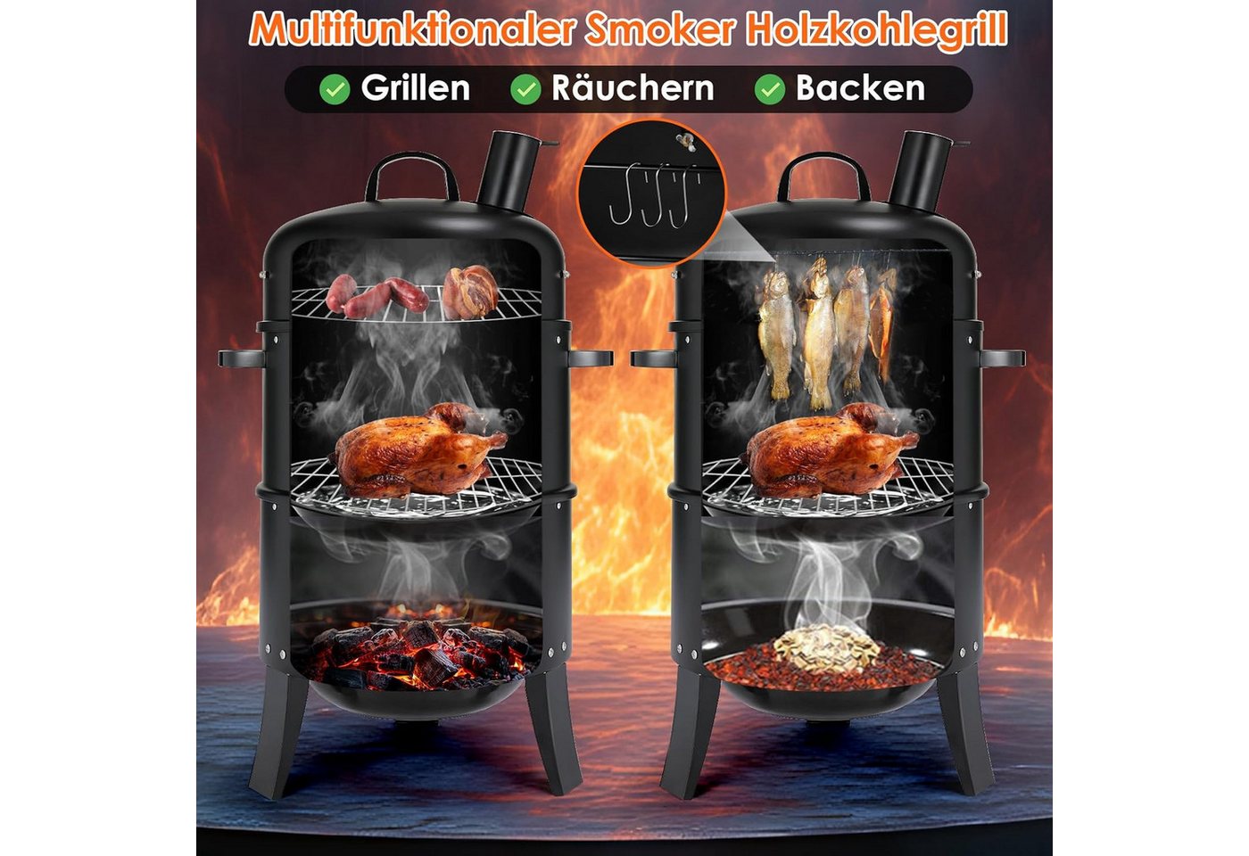TLGREEN Smoker Räucherofen, 3 in 1 Smoker Grill, Holzkohlegrill, Räuchertonne Räuchergrill Watersmoker, Ø44,5x80 cm – Bild 4 von 5