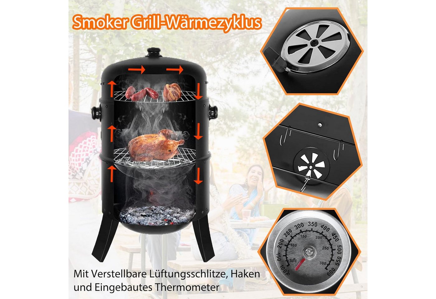 TLGREEN Smoker Räucherofen, 3 in 1 Smoker Grill, Holzkohlegrill, Räuchertonne Räuchergrill Watersmoker, Ø44,5x80 cm – Bild 2 von 5