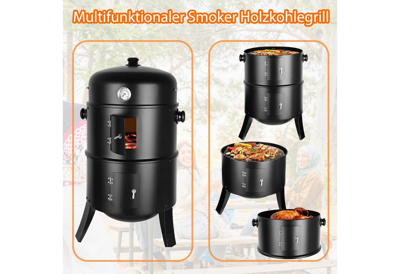 TLGREEN Smoker Räucherofen, 3 in 1 Smoker Grill, Holzkohlegrill, Räuchertonne Räuchergrill Watersmoker, Ø44,5x80 cm – Bild 3 von 5