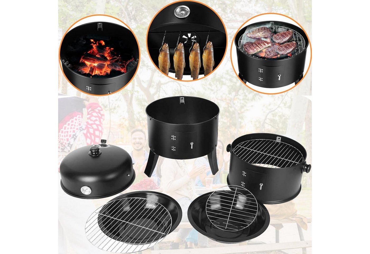 TLGREEN Smoker Räucherofen, 3 in 1 Smoker Grill, Holzkohlegrill, Räuchertonne Räuchergrill Watersmoker, Ø44,5x80 cm – Bild 5 von 5