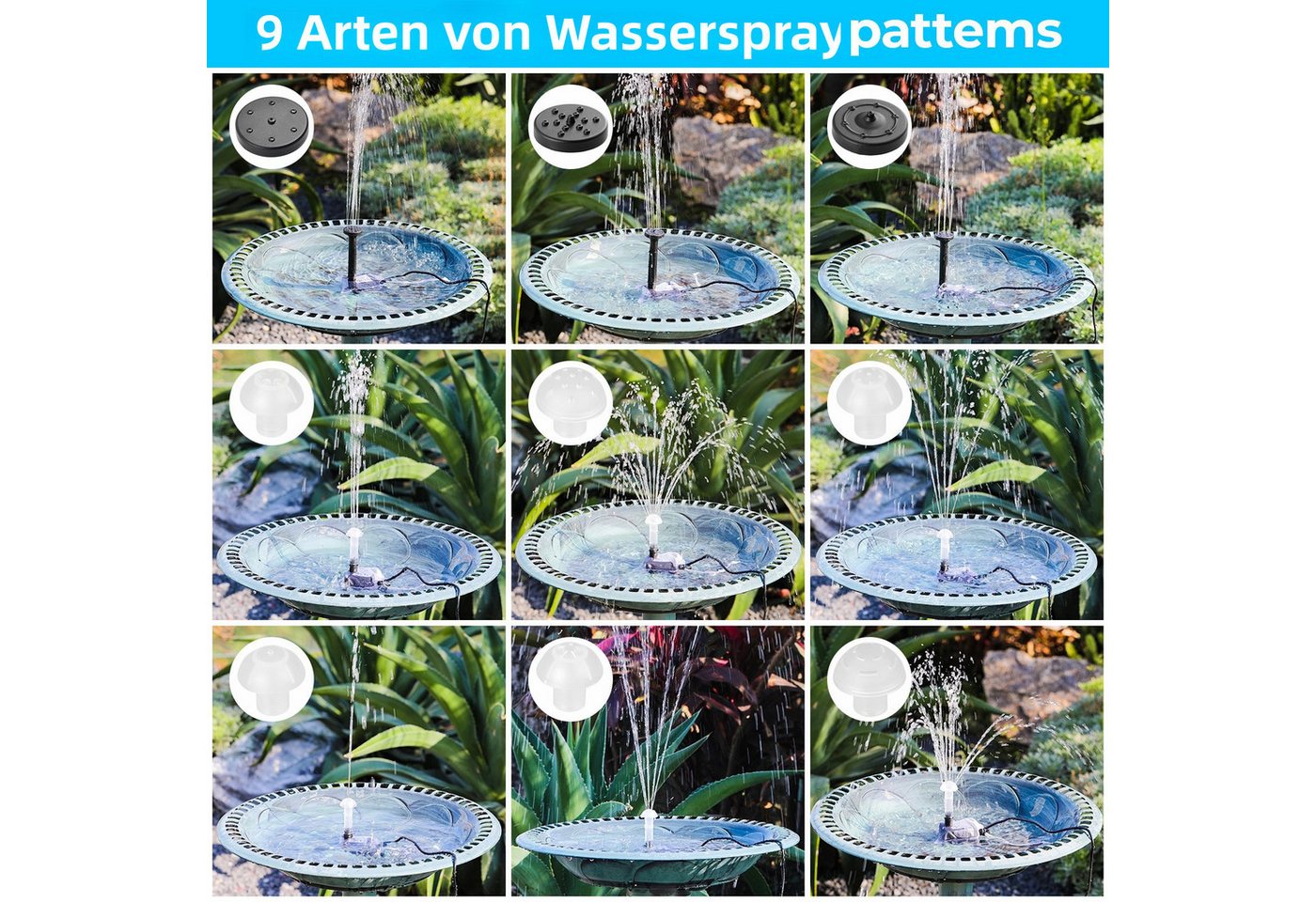 TLGREEN Solarpumpe Solar Teichpumpe, (170L/h Solar Springbrunnen,Solar Brunnenpumpen mit 1M Wasserleitung DIY, 9 Düsen, 3,25M Kabellänge, Solar Wasserpumpe), fü – Bild 3 von 5