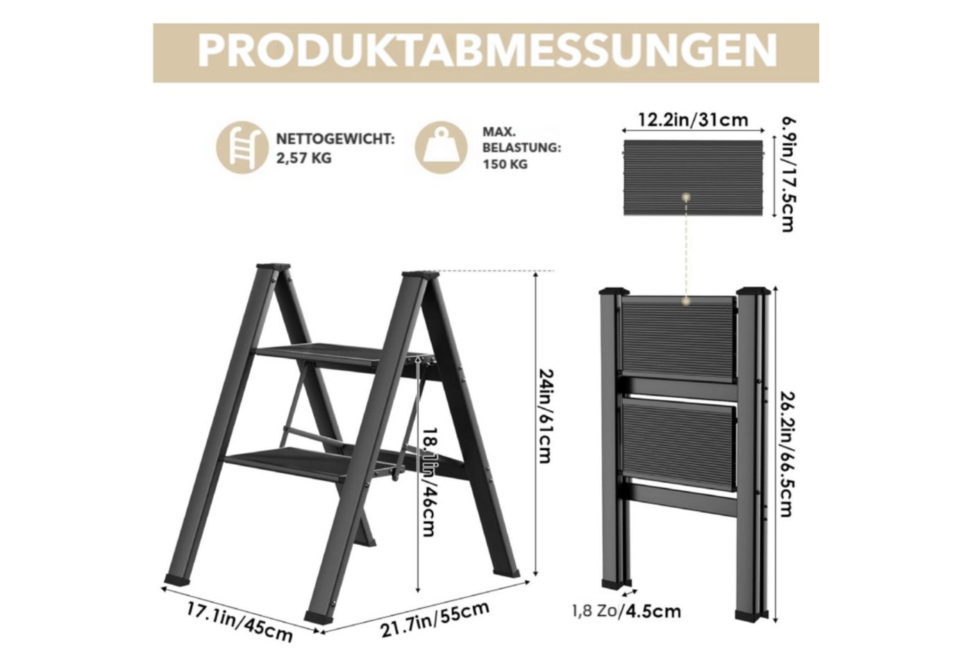 TLGREEN Trittleiter Alu-Klapptritt-Leiter,2/3/4-Stufen-Leiter Rutschfeste Trittfläche (Tragbare Leiter für Zuhause Leichte Leiter Schlafzimmer-Bücherregal), Bel – Bild 3 von 5