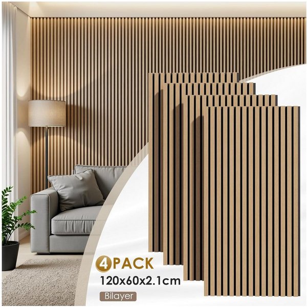 TLGREEN Wandpaneel 3D Akustikpaneele Holz MDF Schalldämpfung, BxL: 60x120 cm, 2,88 qm, (4 Stück Wandpaneele Holzoptik, Wandverkleidung Wandpaneele für effektive