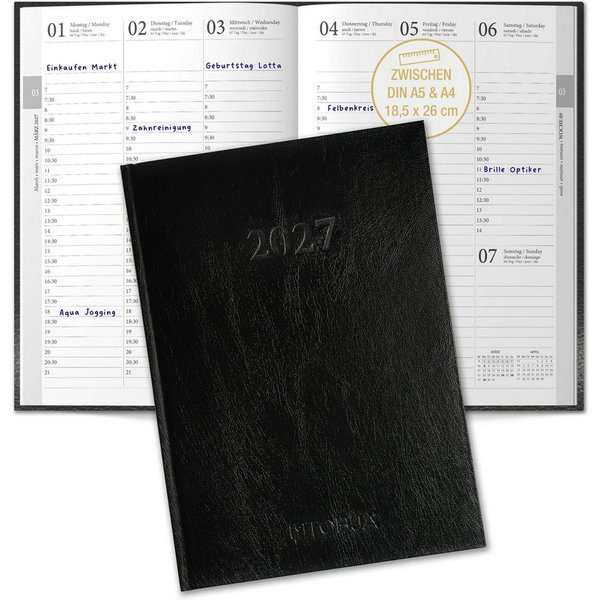 TOBJA Buchkalender Buchkalender 2027 Wochenplaner schwarz Hardcover OptiPlaner Pure FSC, 30-Min-Taktung 7-21 Uhr, 18,5x26 cm, Leseband, FSC, 4-sprachig