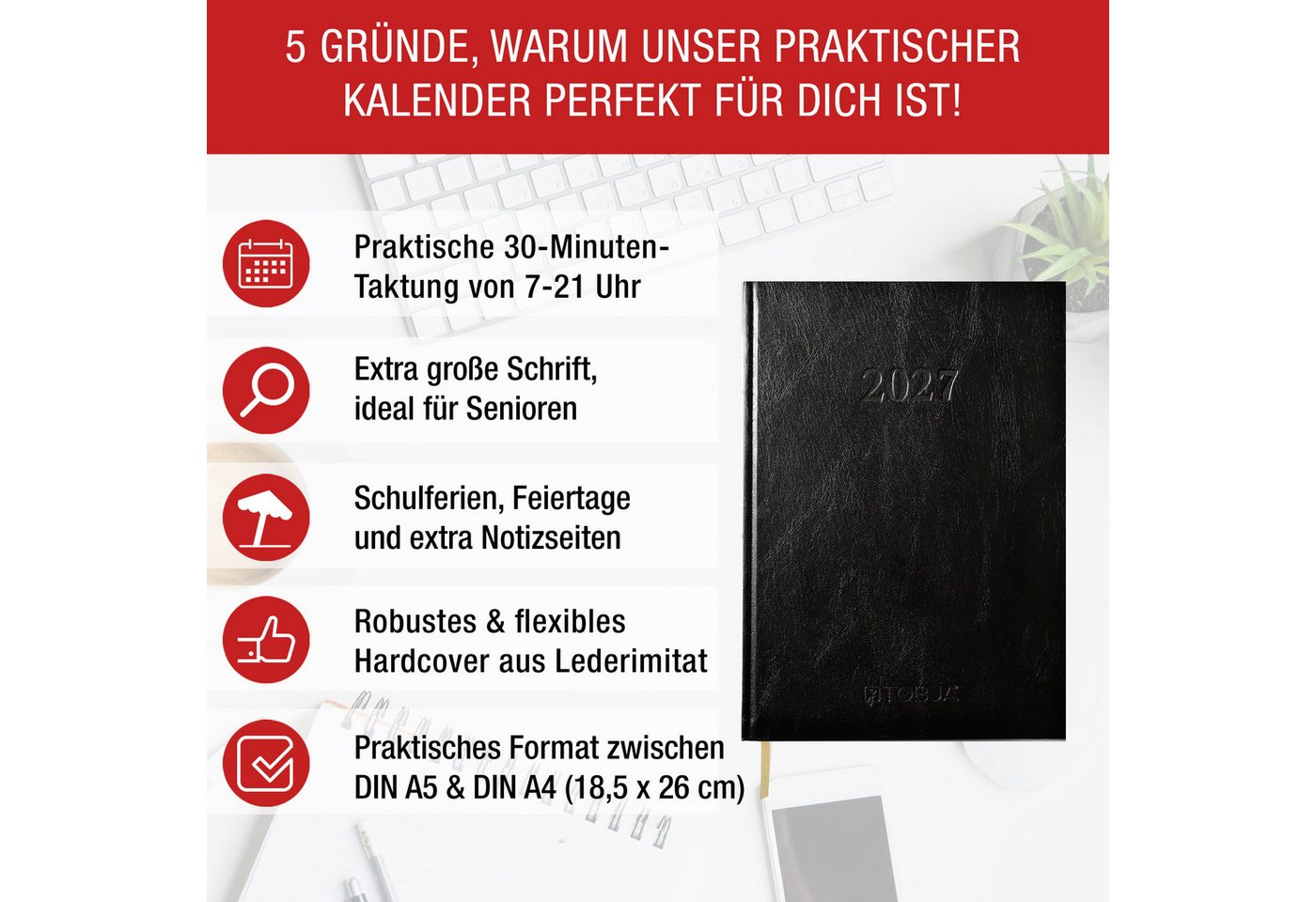 TOBJA Buchkalender Buchkalender 2027 Wochenplaner schwarz Hardcover OptiPlaner Pure FSC, 30-Min-Taktung 7-21 Uhr, 18,5x26 cm, Leseband, FSC, 4-sprachig – Bild 2 von 5