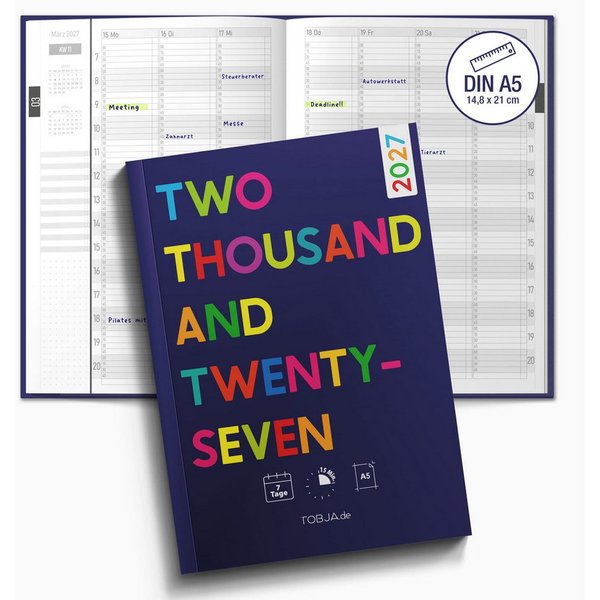 TOBJA Buchkalender Praxisplaner 2027 A5 Blue Pop Terminplaner 15 Min Takt FSC Friseur, 15-Min-Takt 7-21 Uhr, A5, 1 Woche 2 Seiten, FSC-Papier, Pop-Design