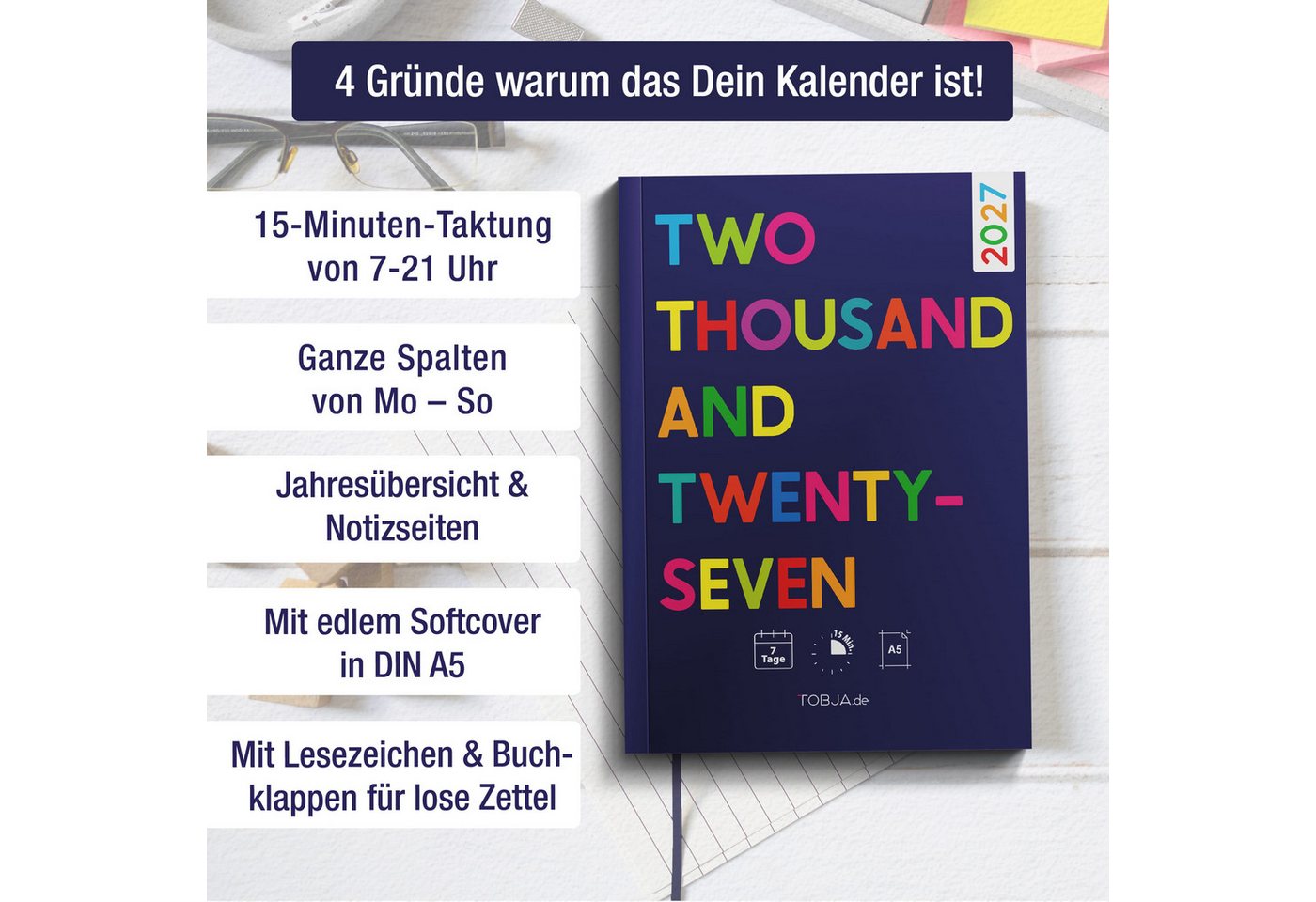 TOBJA Buchkalender Praxisplaner 2027 A5 Blue Pop Terminplaner 15 Min Takt FSC Friseur, 15-Min-Takt 7-21 Uhr, A5, 1 Woche 2 Seiten, FSC-Papier, Pop-Design – Bild 2 von 5