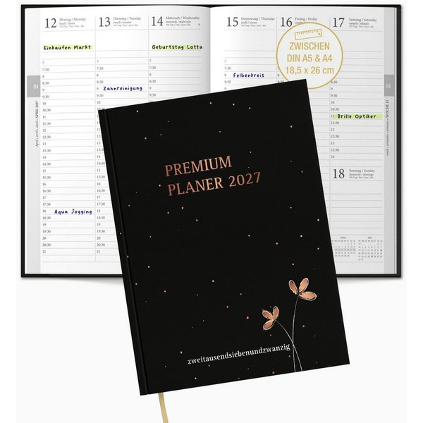 TOBJA Buchkalender Premium Planer 2027 Buchkalender schwarz Roségold OptiPlaner Noir FSC, Roségold-Akzent, 30-Min-Taktung, 18,5x26 cm, FSC, 4-sprachig