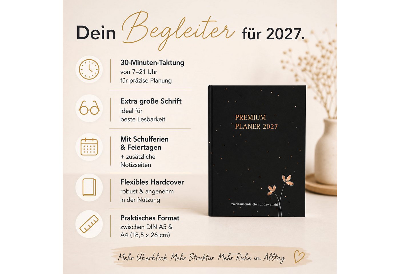 TOBJA Buchkalender Premium Planer 2027 Buchkalender schwarz Roségold OptiPlaner Noir FSC, Roségold-Akzent, 30-Min-Taktung, 18,5x26 cm, FSC, 4-sprachig – Bild 2 von 5