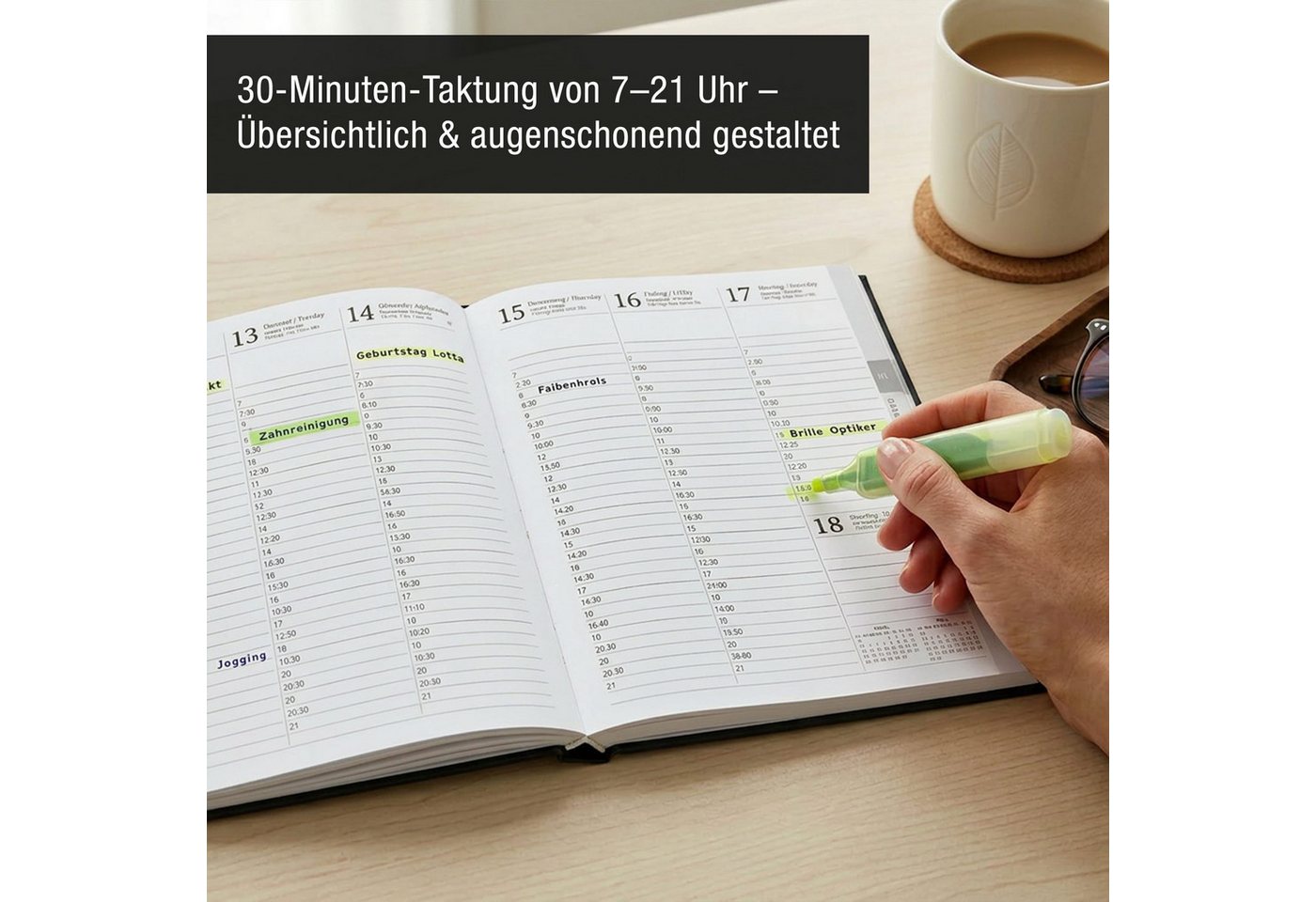 TOBJA Buchkalender Premium Planer 2027 Buchkalender schwarz Roségold OptiPlaner Noir FSC, Roségold-Akzent, 30-Min-Taktung, 18,5x26 cm, FSC, 4-sprachig – Bild 3 von 5