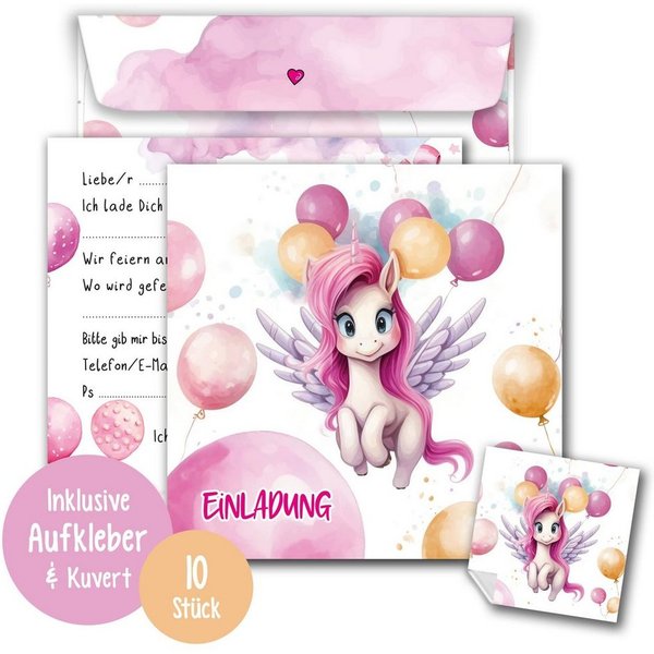 TOBJA Einladungskarten 10 Einladungskarten Einhorn inkl Umschläge und Sticker, Kindergeburtstag Mädchen Geburtstag Einladung Kinder